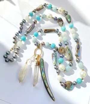 Abalone Long Necklace with Aquamarine, Moonstone, Pearl