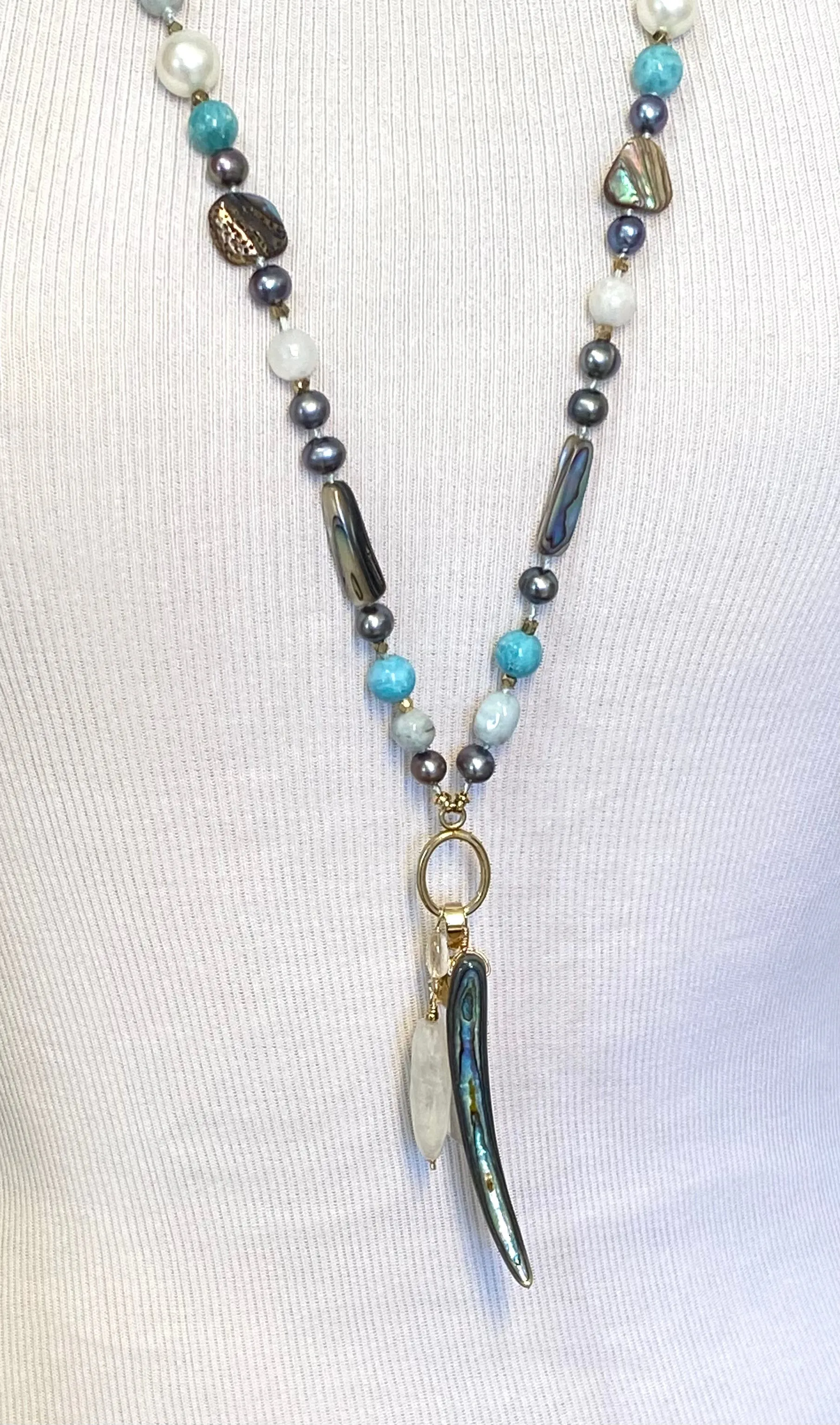 Abalone Long Necklace with Aquamarine, Moonstone, Pearl