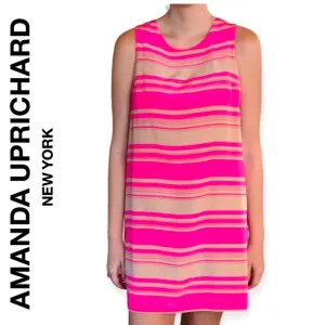 Amanda Uprichard 100% Silk Mini Shift Dress Sleeveless Pink Tan Striped Size S