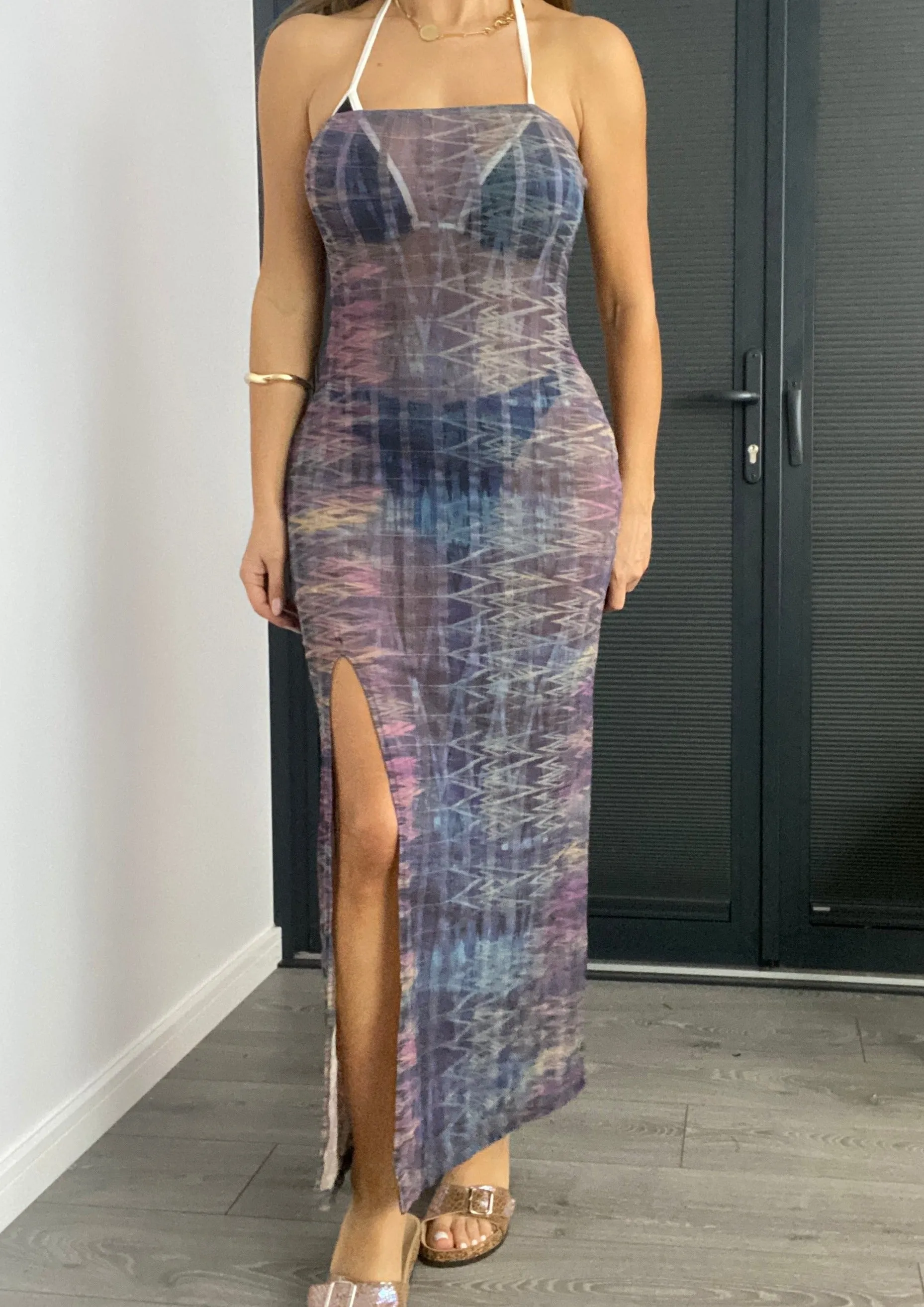 Bandeau Maxi Dress in Chevron Mesh