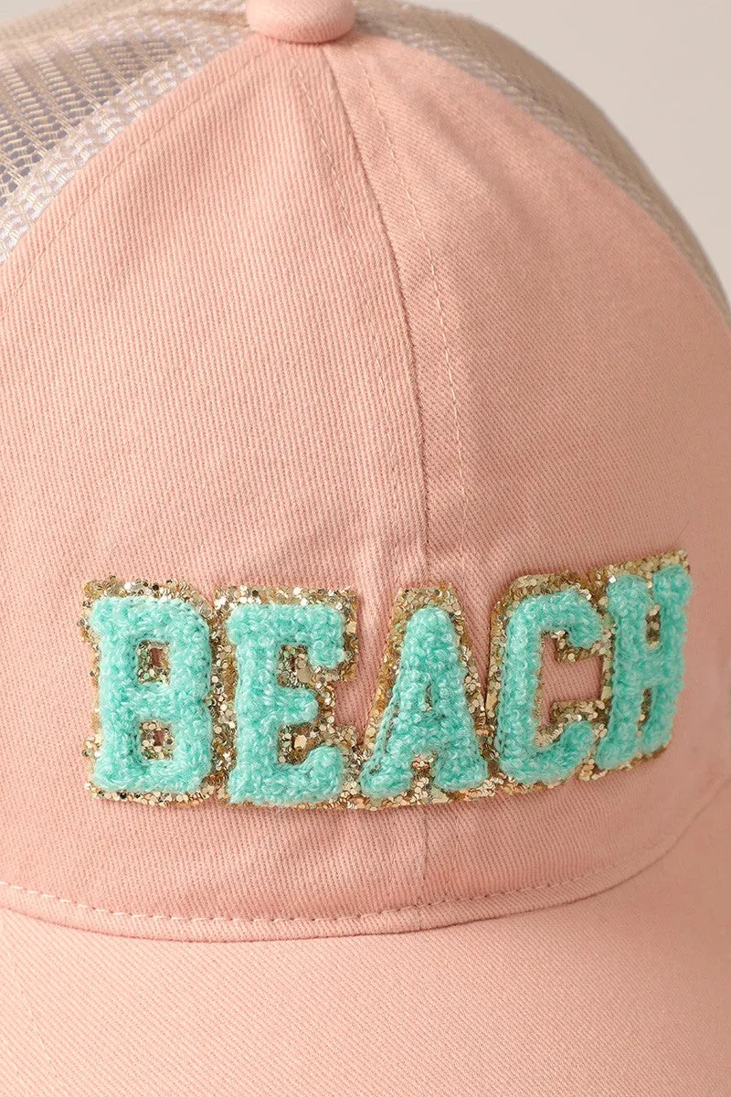 BEACH Chenille Letter Patch Baseball Cap- Dusty Pink