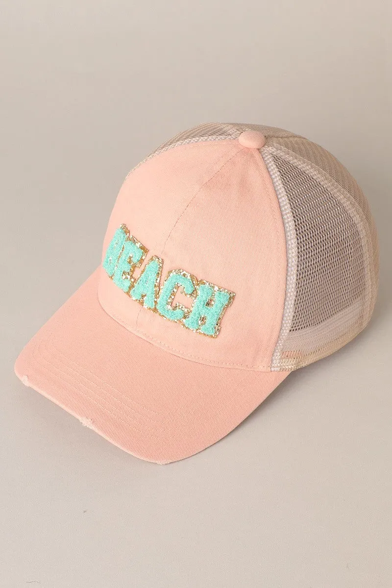 BEACH Chenille Letter Patch Baseball Cap- Dusty Pink