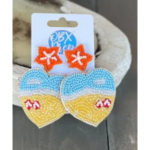 Beach Heart Seed Bead Dangle Earrings.