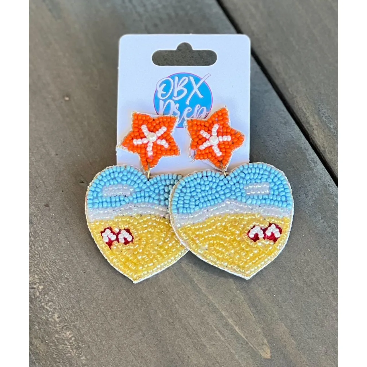 Beach Heart Seed Bead Dangle Earrings.
