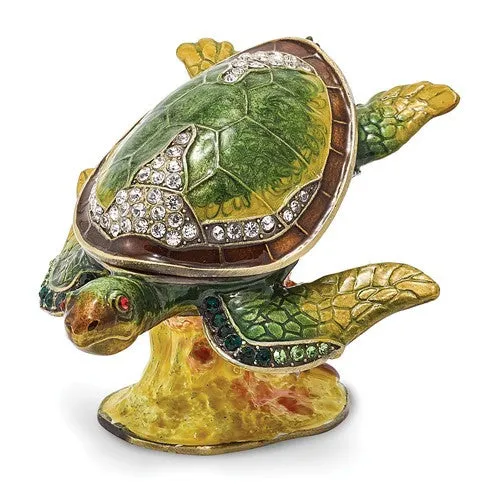 Bejeweled Enameled & Crystal Diving Sea Turtle Trinket Box