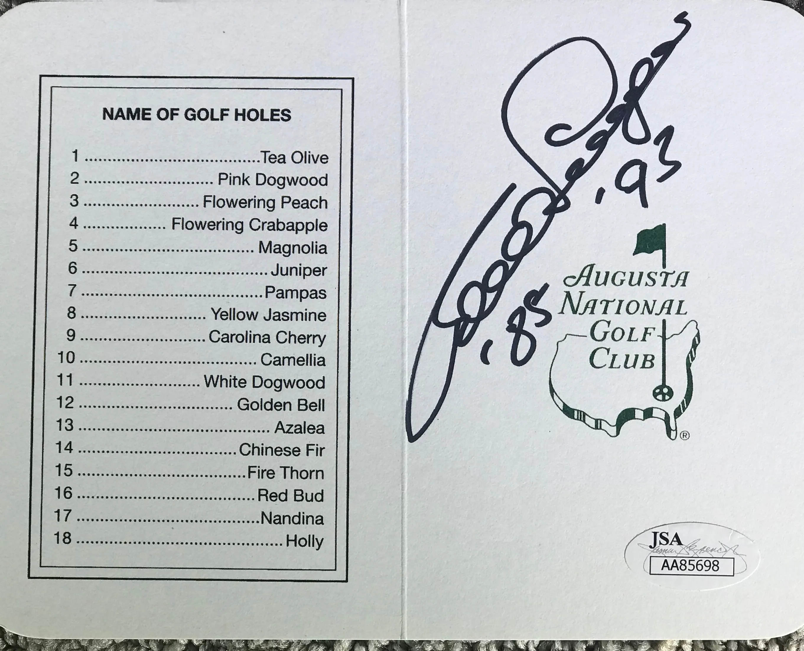Bernhard Langer Signed Masters Scorecard with JSA