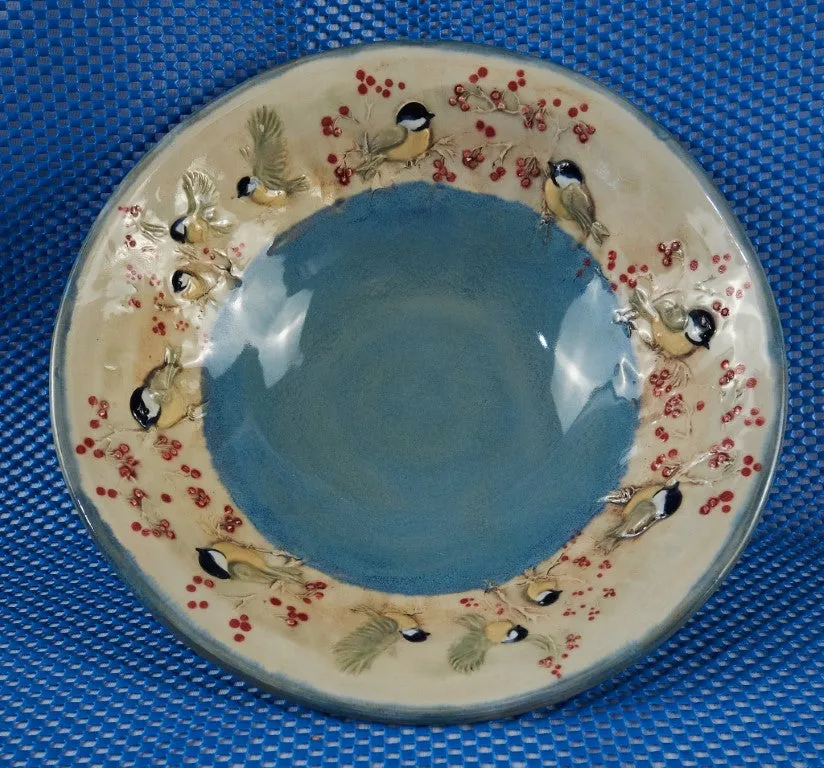 Chickadee Blue Porcelain Bowl 9"
