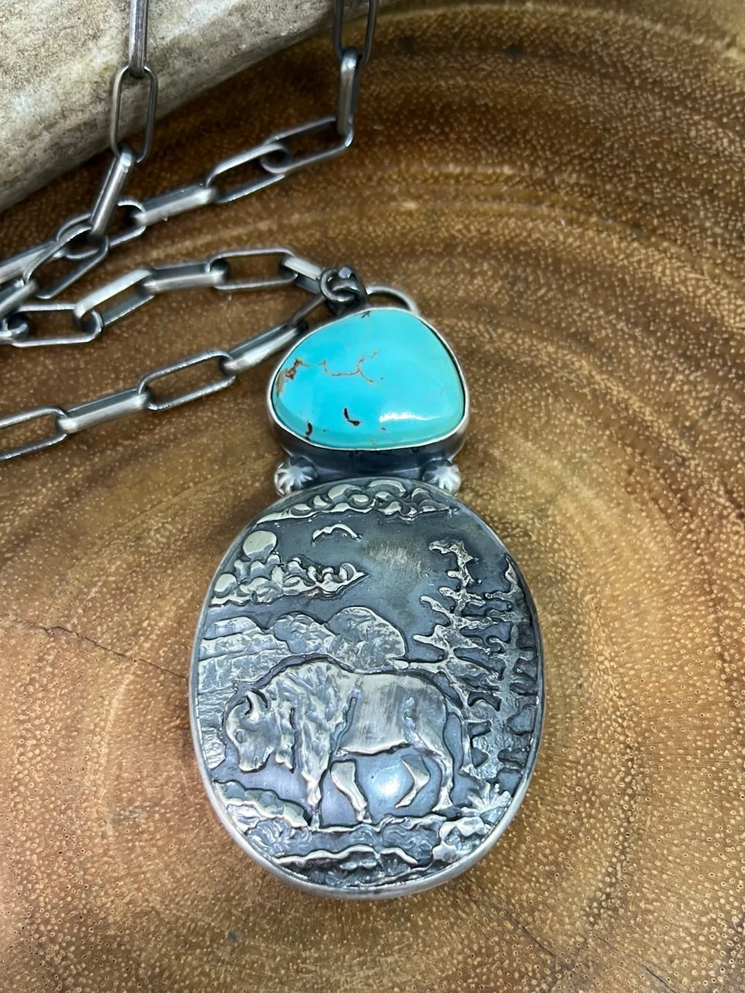 Childress Sterling Paperclip Chain Necklace with Turquoise Buffalo Pendant - 22"