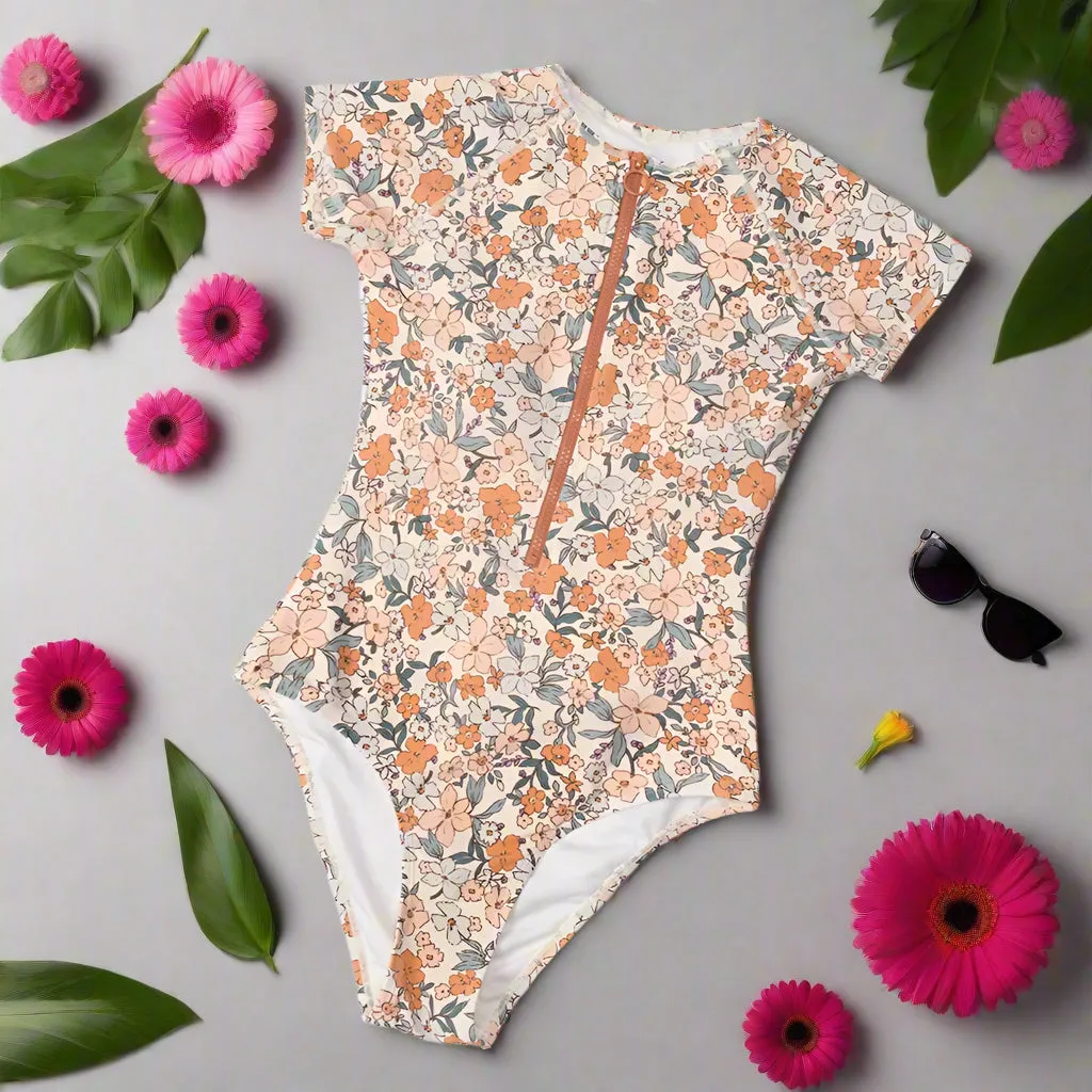 Ditsy Zipper Short Sleeve One-Piece Swimsuit
