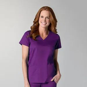EON 1738 Women’s Back Mesh Panel Curved V-Neck Top Egg plant