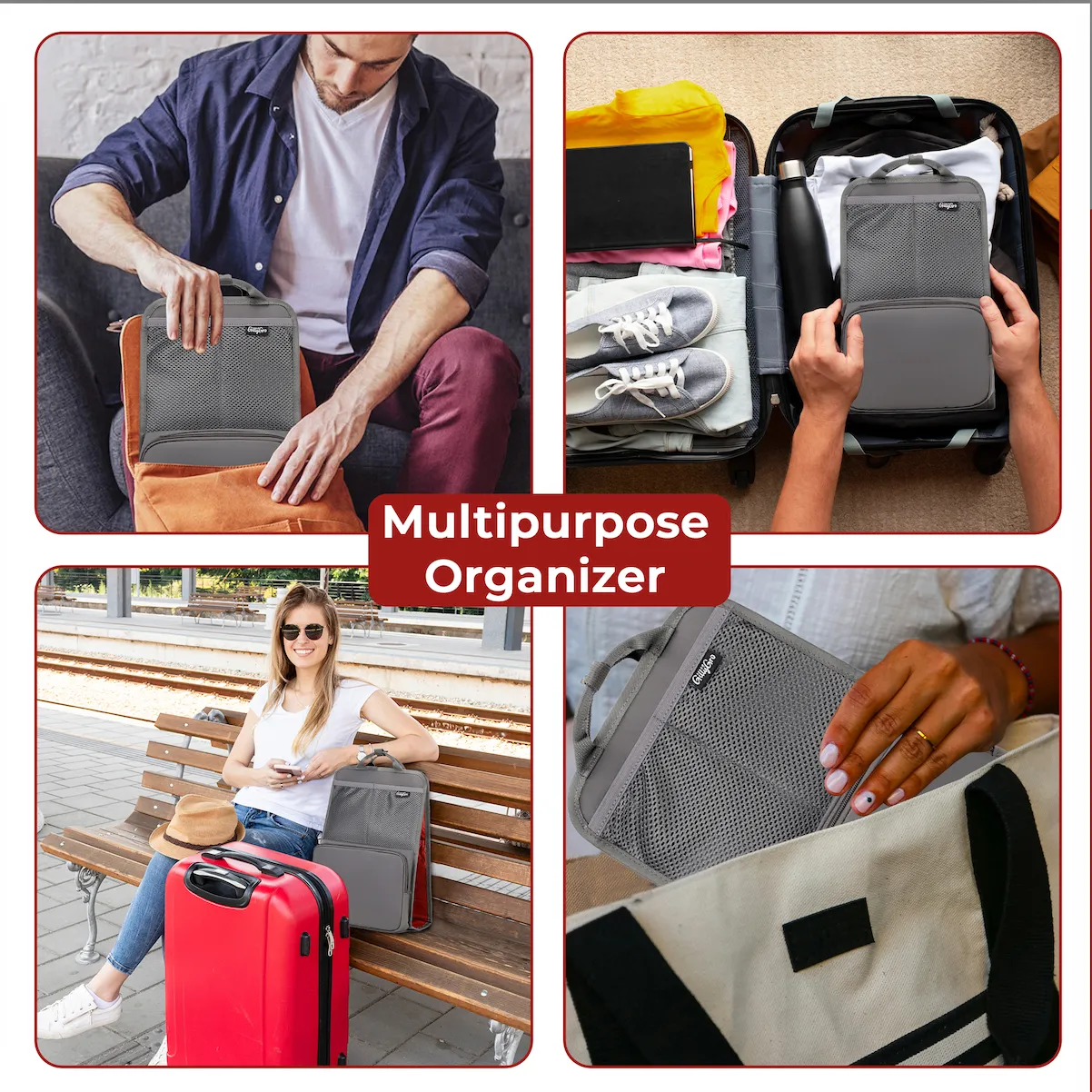 FlexPack Plus | The Ultimate All-in-One Backpack Organizer for Travelers - Gray/Red