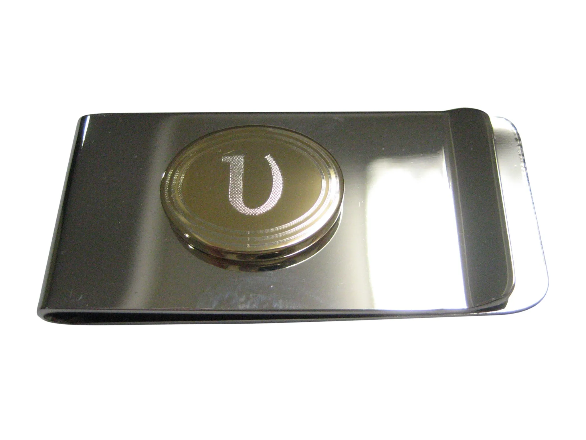 Gold Toned Etched Oval Greek Letter Upsilon Pendant Money Clip