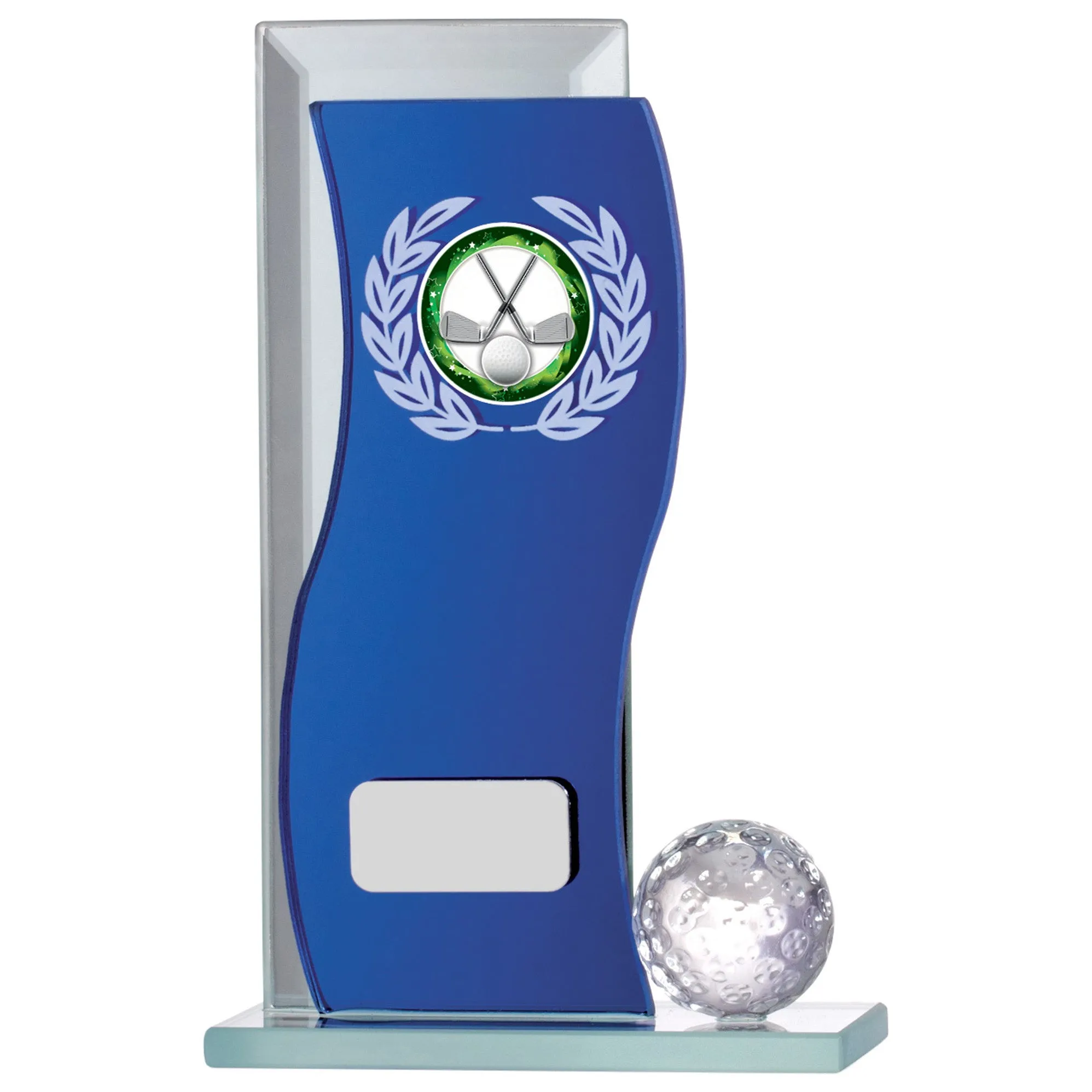 Golf Blue Mirrored Glass Award with Personalised Plate and 1" Centre