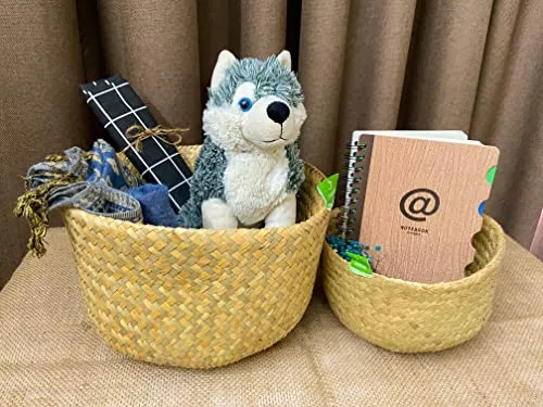 Greenjoy Natural Woven Basket for Storage - Set of 2 - Belly Basket- Plant Basket - Ideal Plant Pot, Laundry & Picnic Basket for Home or Outdoor Use (S L, 2)