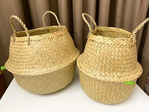 Greenjoy Natural Woven Basket for Storage - Set of 2 - Belly Basket- Plant Basket - Ideal Plant Pot, Laundry Basket, Picnic Basket for Home or Outdoor Use (S L, 2)
