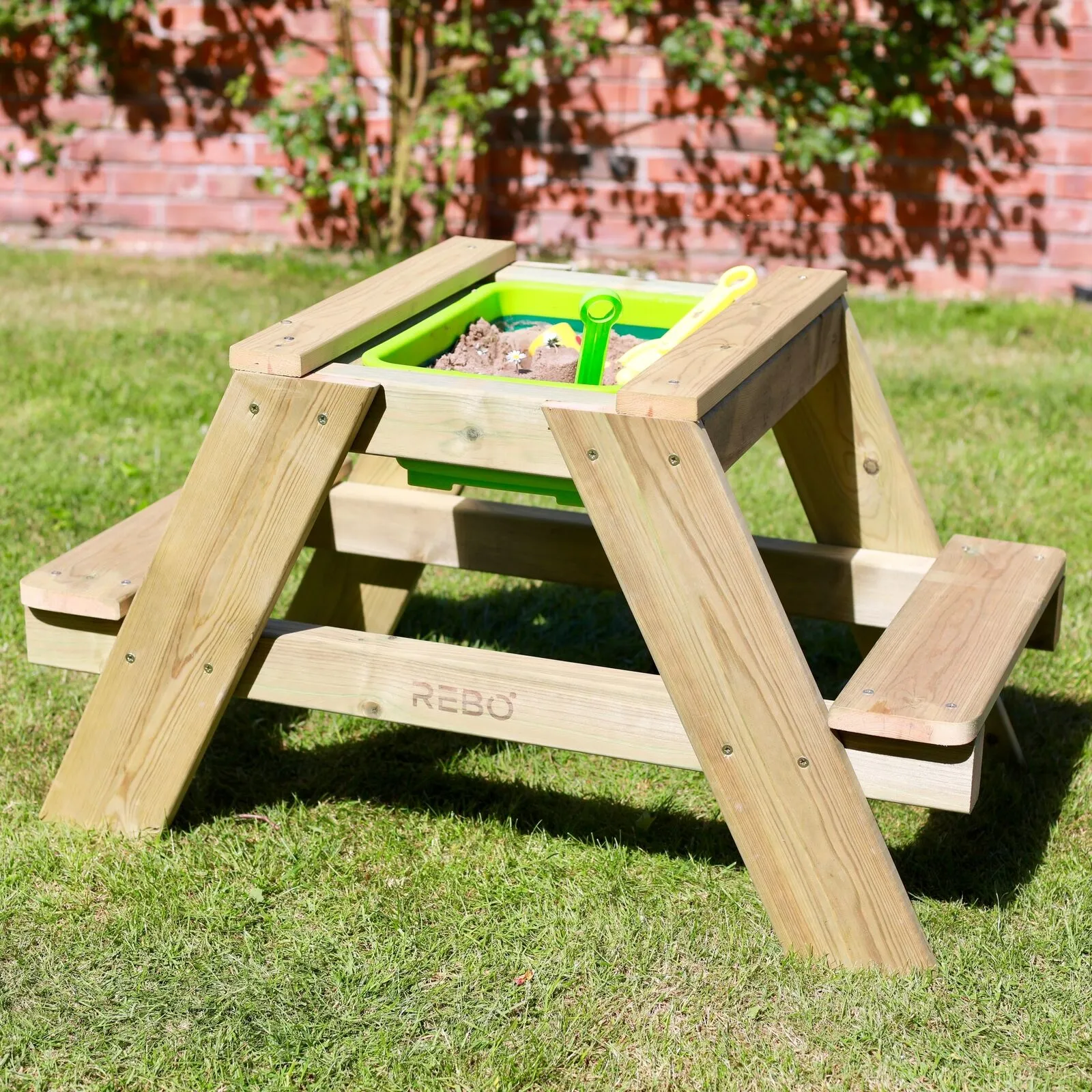 High Quality Montessori 4-in-1 Eco Wooden 2 Seater Picnic Bench, Water Station, Sandpit & Mud Kitchen   Lid | 3 Years  