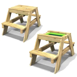 High Quality Montessori 4-in-1 Eco Wooden 2 Seater Picnic Bench, Water Station, Sandpit & Mud Kitchen   Lid | 3 Years  