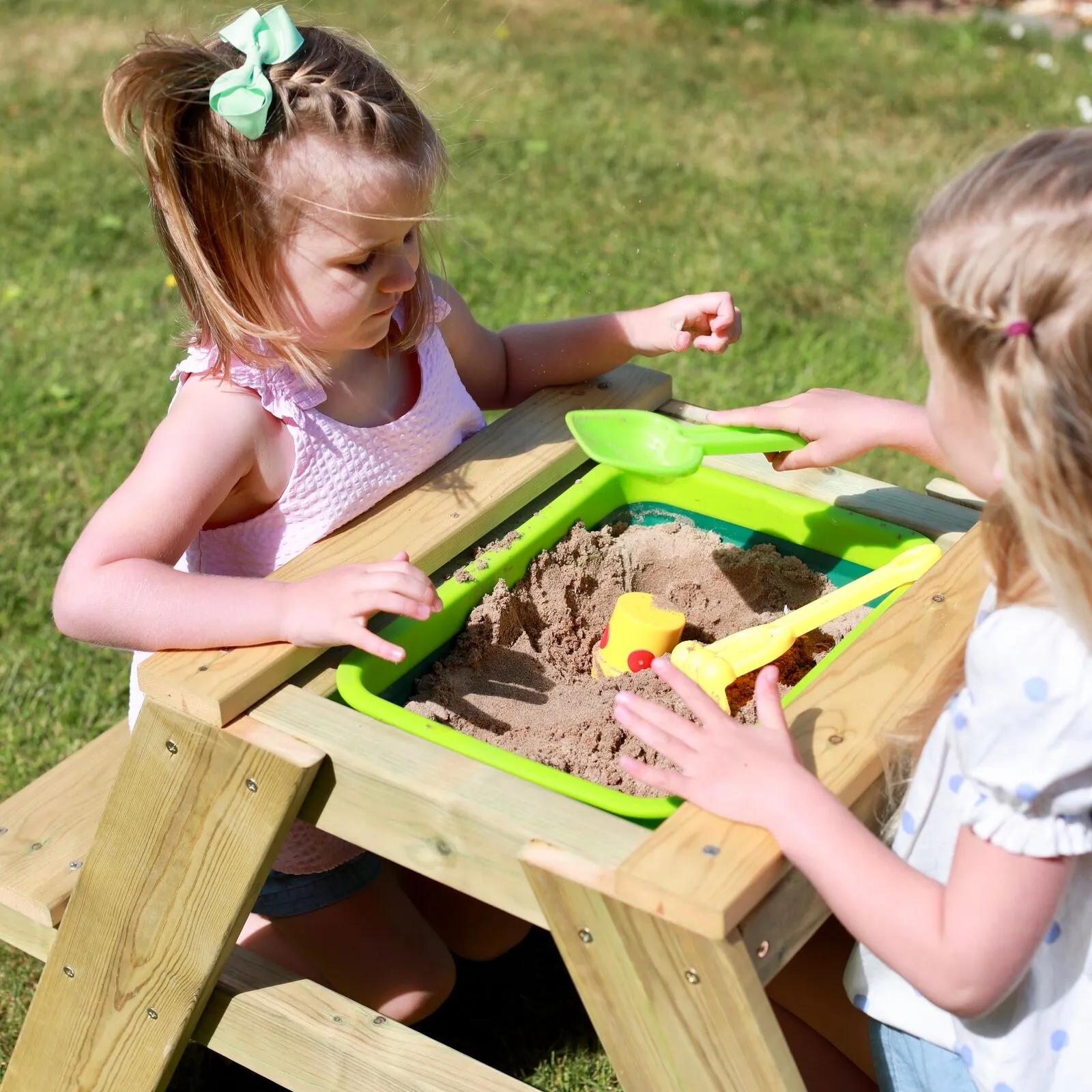High Quality Montessori 4-in-1 Eco Wooden 2 Seater Picnic Bench, Water Station, Sandpit & Mud Kitchen   Lid | 3 Years  