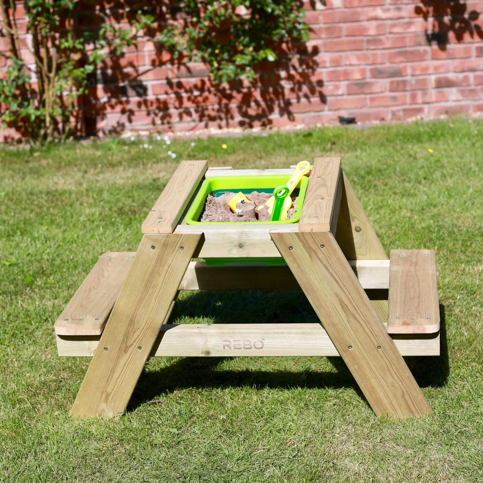 High Quality Montessori 4-in-1 Eco Wooden 2 Seater Picnic Bench, Water Station, Sandpit & Mud Kitchen   Lid | 3 Years  