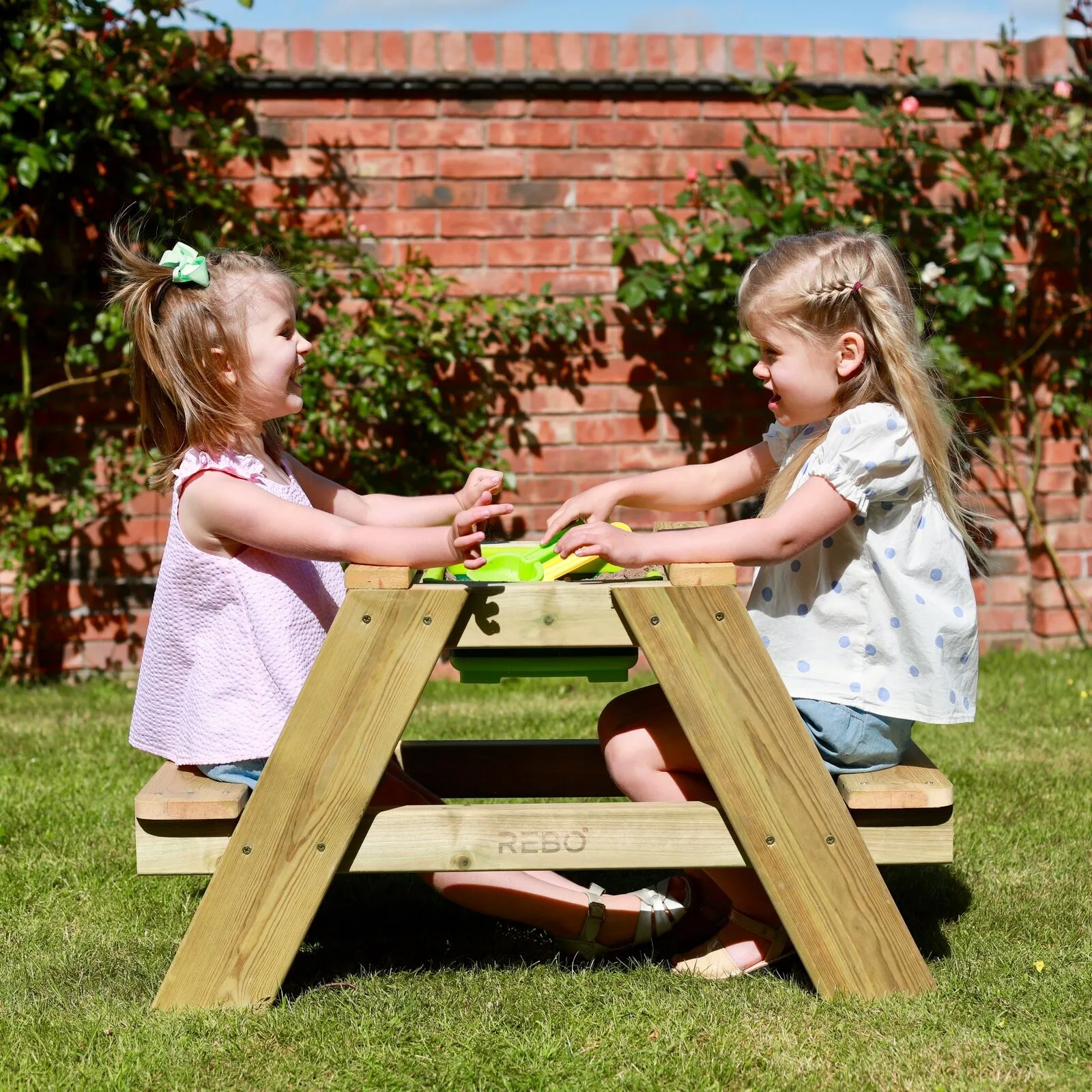 High Quality Montessori 4-in-1 Eco Wooden 2 Seater Picnic Bench, Water Station, Sandpit & Mud Kitchen   Lid | 3 Years  
