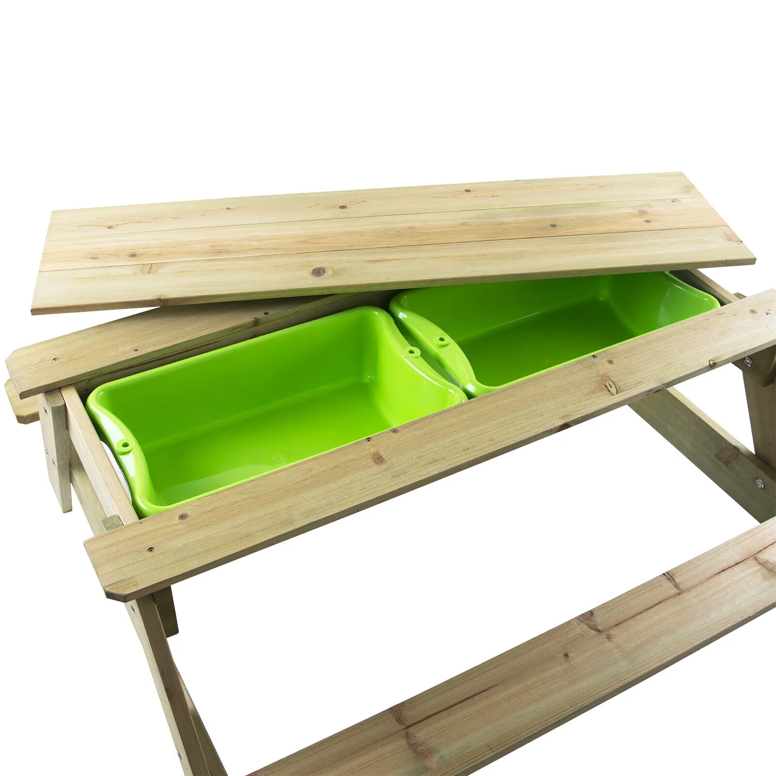 High Quality Montessori 4-in-1 Eco Wooden 4 Seater Picnic Bench, Water Station, Sandpit & Mud Kitchen   Lid | 3 Years  