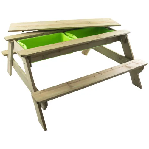 High Quality Montessori 4-in-1 Eco Wooden 4 Seater Picnic Bench, Water Station, Sandpit & Mud Kitchen   Lid | 3 Years  