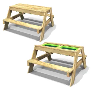 High Quality Montessori 4-in-1 Eco Wooden 4 Seater Picnic Bench, Water Station, Sandpit & Mud Kitchen   Lid | 3 Years  