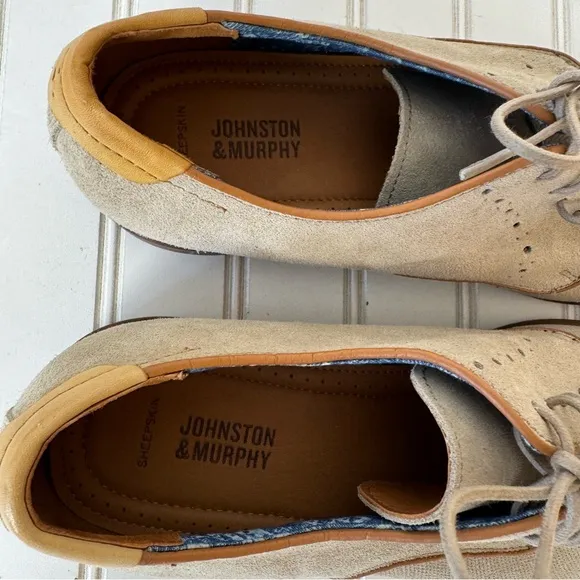 Johnston &amp; Murphy Shoe Men's 10M‎ Stone Suede Sheepskin Oxford Milliken Plain
