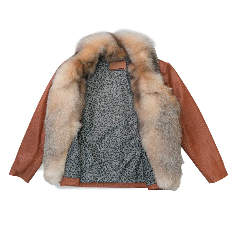 Kashani Fox Fur Collar Embossed Alligator Lambskin Jacket - Cognac