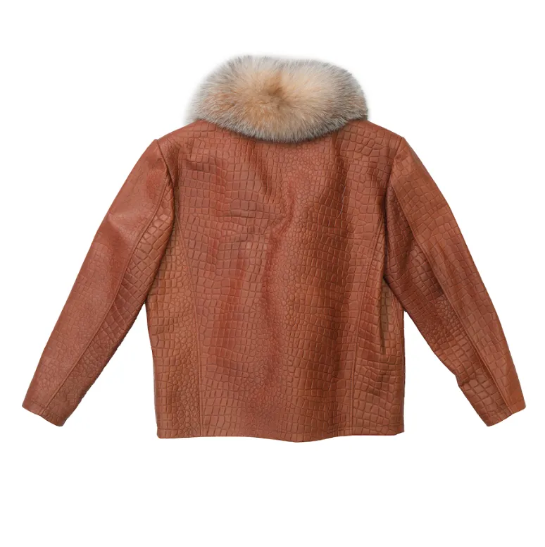 Kashani Fox Fur Collar Embossed Alligator Lambskin Jacket - Cognac