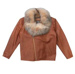 Kashani Fox Fur Collar Embossed Alligator Lambskin Jacket - Cognac