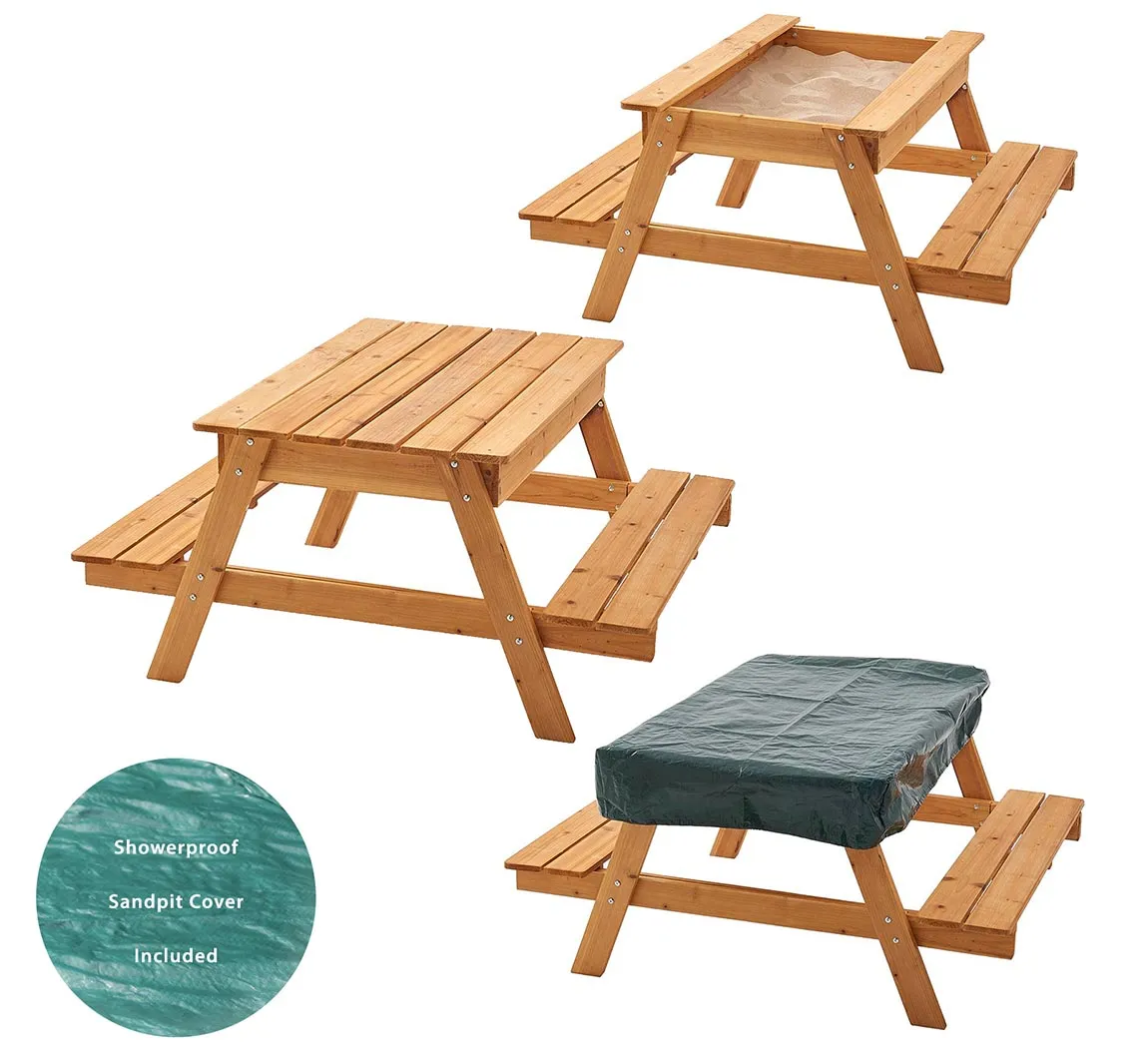 Kids Heavy duty 3-in-1 Pre-Treated Eco Conscious Wooden Sandpit and Picnic Bench with Cover | 1 Year 