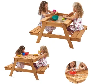 Kids Heavy duty 3-in-1 Pre-Treated Eco Conscious Wooden Sandpit and Picnic Bench with Cover | 1 Year 
