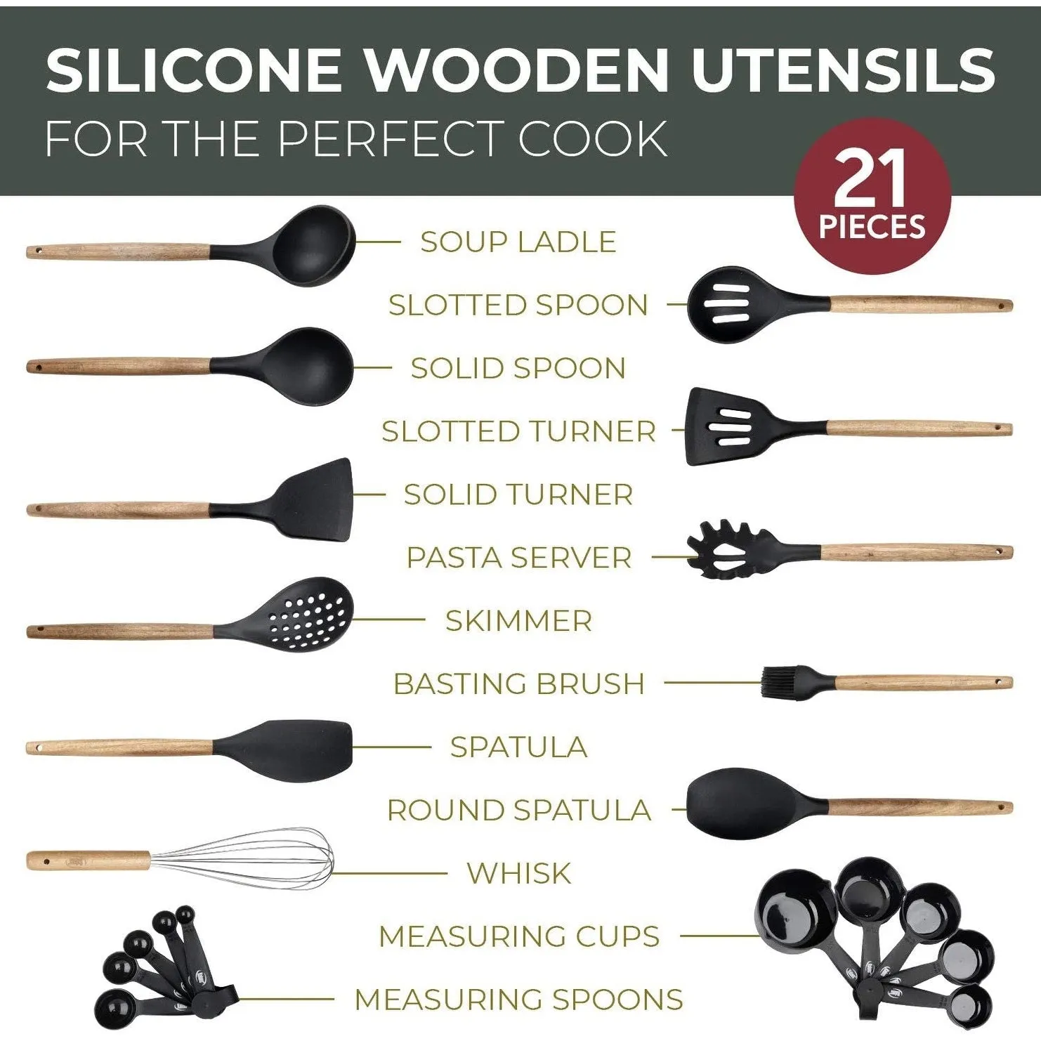 Kitchen Utensils Set, 21 Wood and Silicone Cooking Utensils
