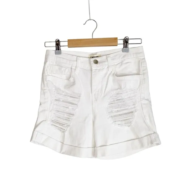 L’ AGENCE Balboa High Rise Distressed Rolled Cuff White Denim Shorts