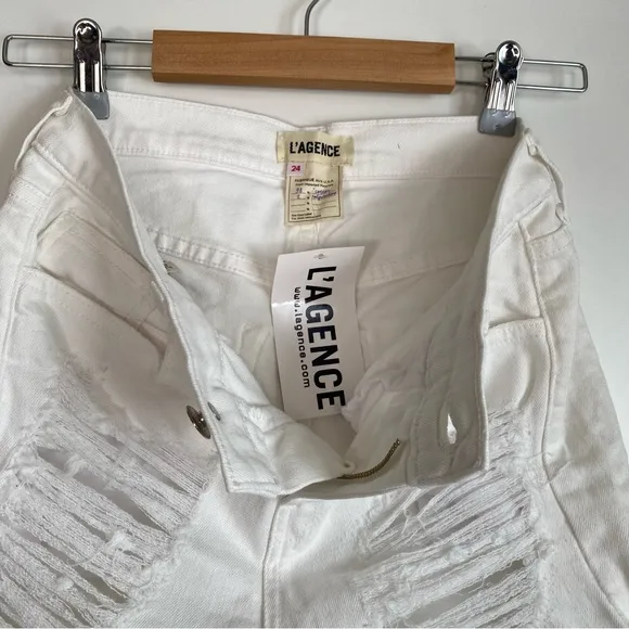 L’ AGENCE Balboa High Rise Distressed Rolled Cuff White Denim Shorts