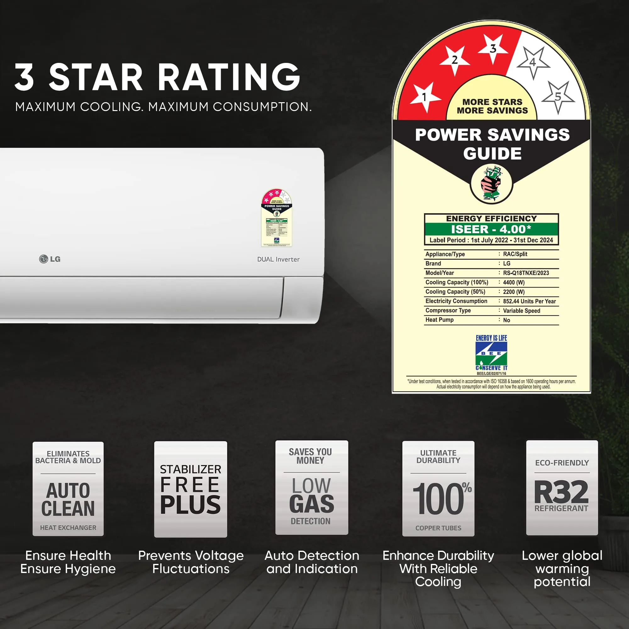LG 1.5 Ton 3 Star DUAL Inverter Split AC (Copper, Super Convertible 5-in-1 Cooling, HD Filter with Anti-Virus Protection, 2023 Model, RS-Q18TNXE, White)