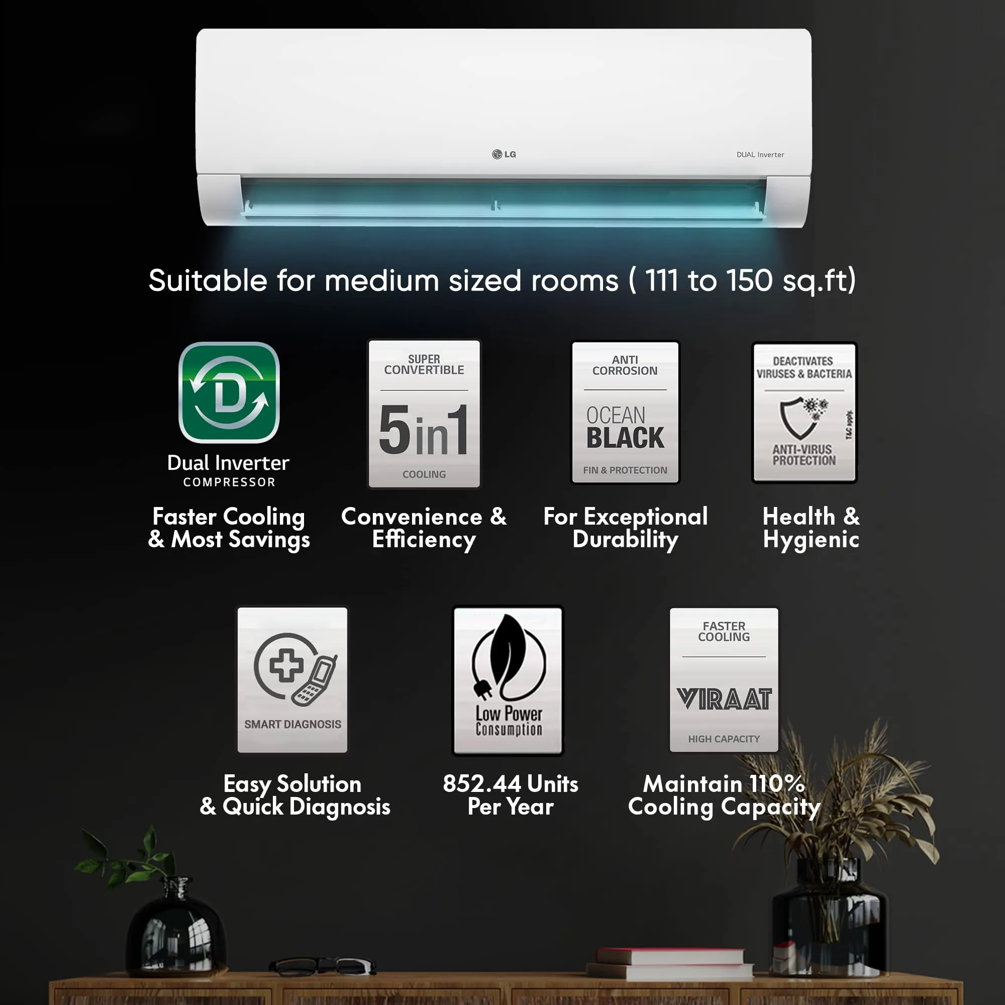 LG 1.5 Ton 3 Star DUAL Inverter Split AC (Copper, Super Convertible 5-in-1 Cooling, HD Filter with Anti-Virus Protection, 2023 Model, RS-Q18TNXE, White)
