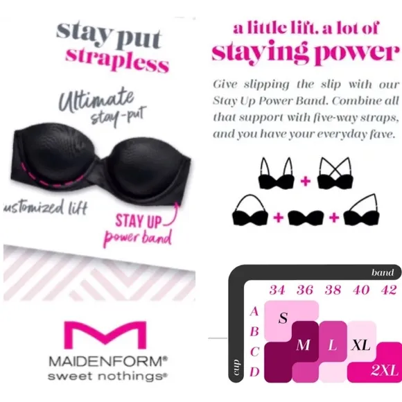 Maidenform Strapless Bra Stay Put Sweet Nothings Removable Strap Nude Size 38B