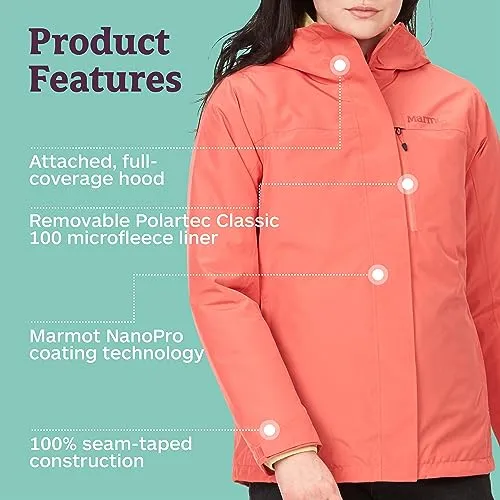 MARMOT Women's Ramble Component Jacket - 3-in-1 Waterproof Shell with Hood and Breathable Polartec Fleece Liner, Grapefruit, X-Large
