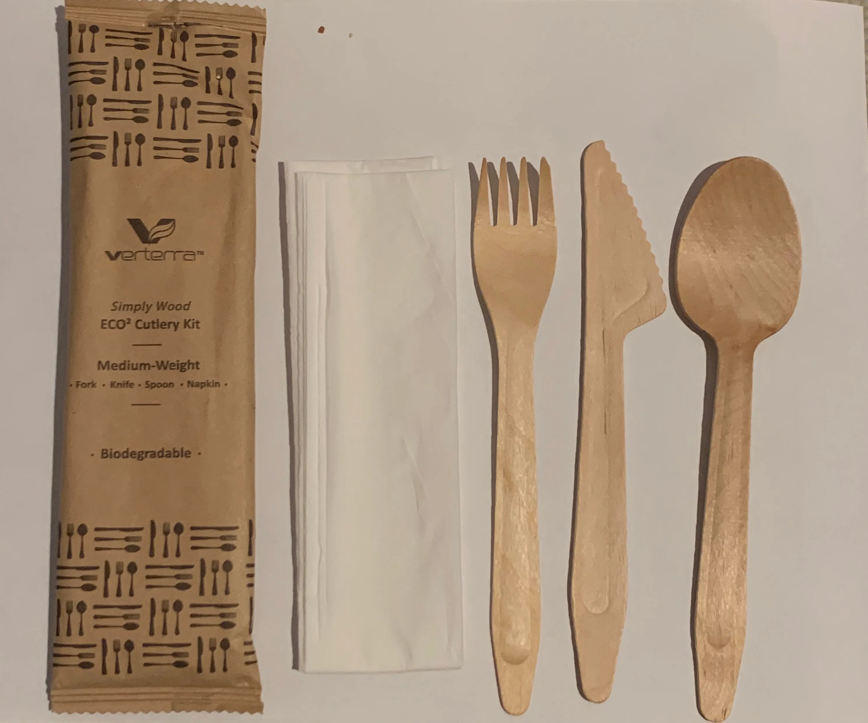 Medium Weight Wooden Cutlery Kit with Napkin (Fork, Knife, Spoon with Napkin)