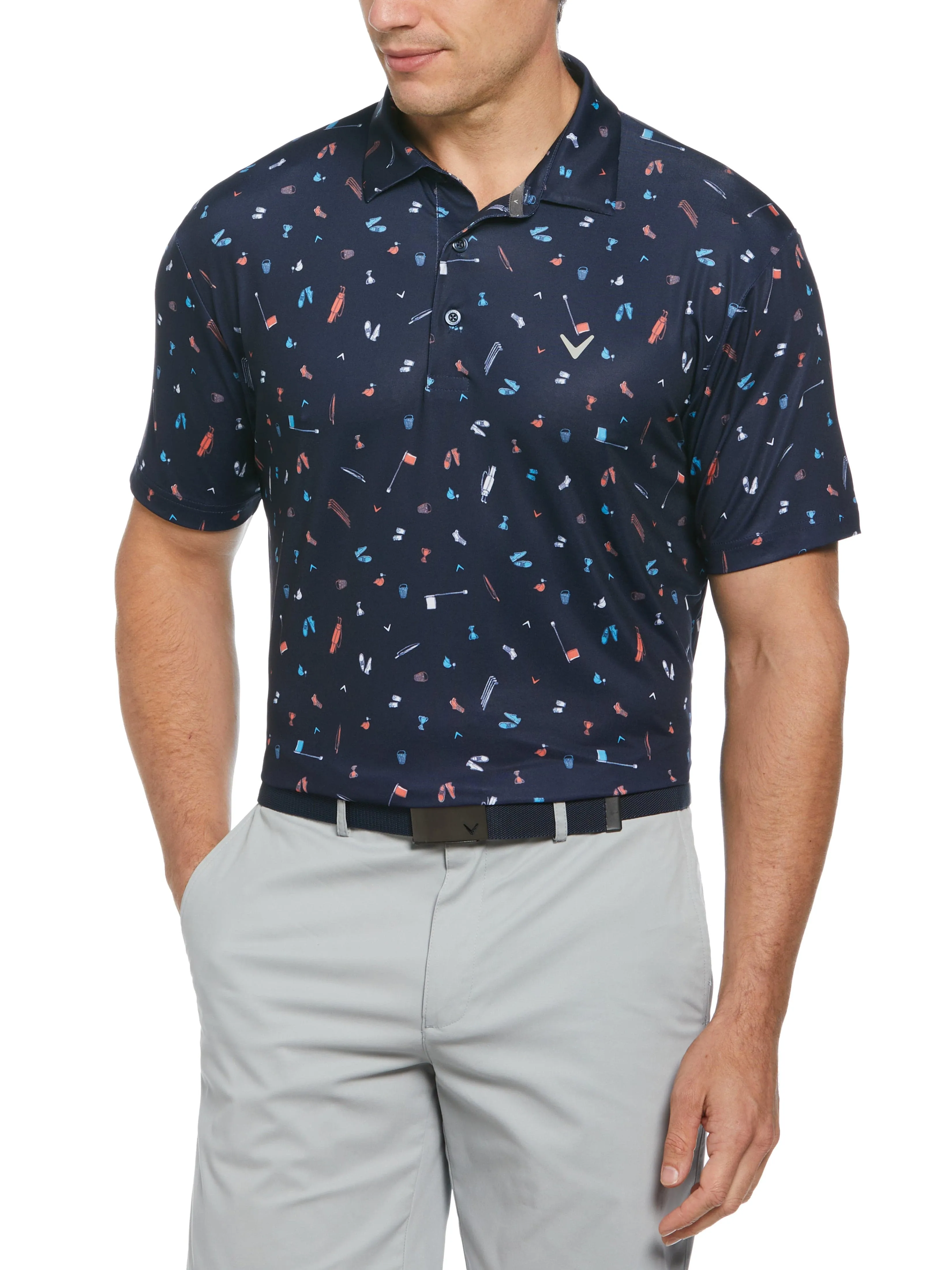Mens Short Sleeve All Over Tee Time Print Polo