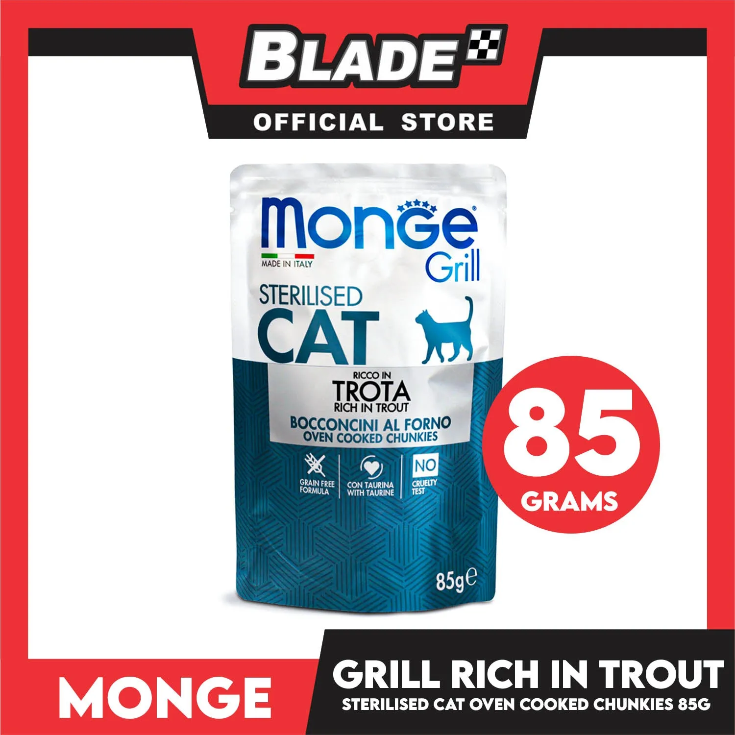 Monge Jelly Cat Pouch Grill For Sterilised Cats 85g (Trota, Rich In Trout) Cat Wet Food, Cat Pouch Food