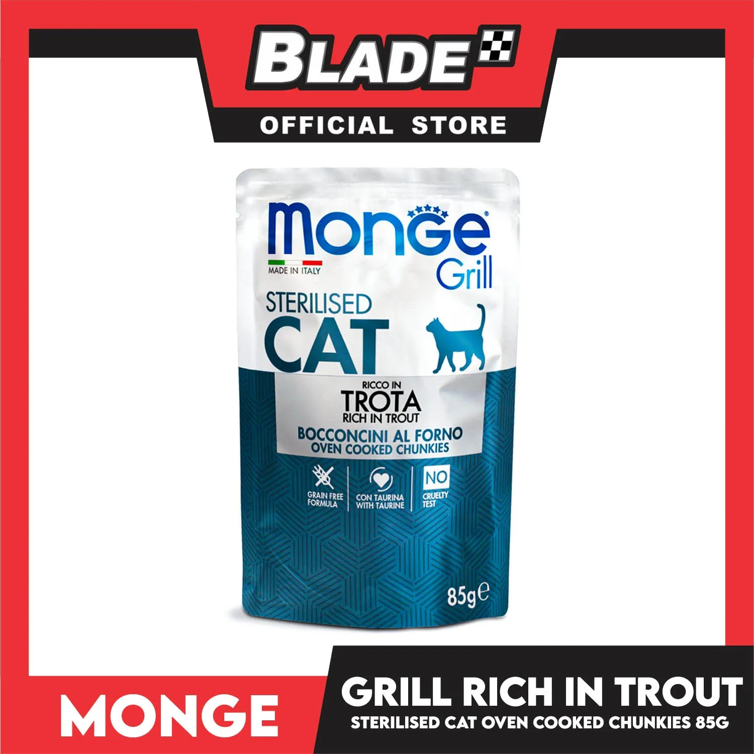Monge Jelly Cat Pouch Grill For Sterilised Cats 85g (Trota, Rich In Trout) Cat Wet Food, Cat Pouch Food