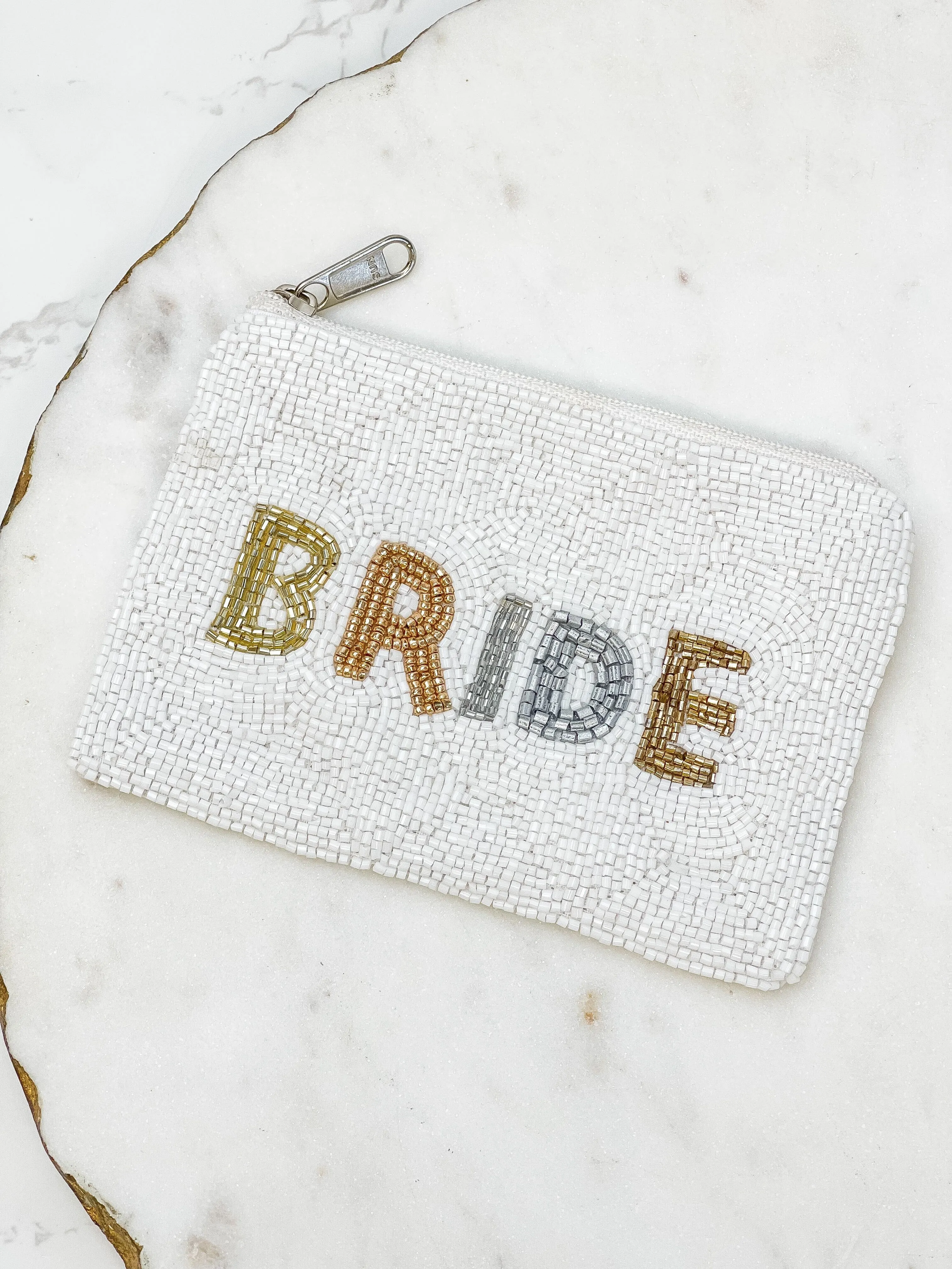 Multi Metallic 'Bride' Beaded Zip Pouch - White