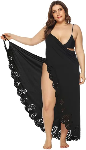 New Amberetech Women Swimwear Cover-Up Plus Size V-Neck Hollow Out Swimsuit Bathing Suit Beach Dress, Black, Sz 3X! Fits True