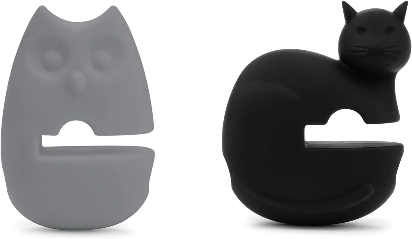 New Fox Run Cat and Owl Silicone Pot Clip Spoon Rest, Set of 2, Black & Grey! Retails $25 