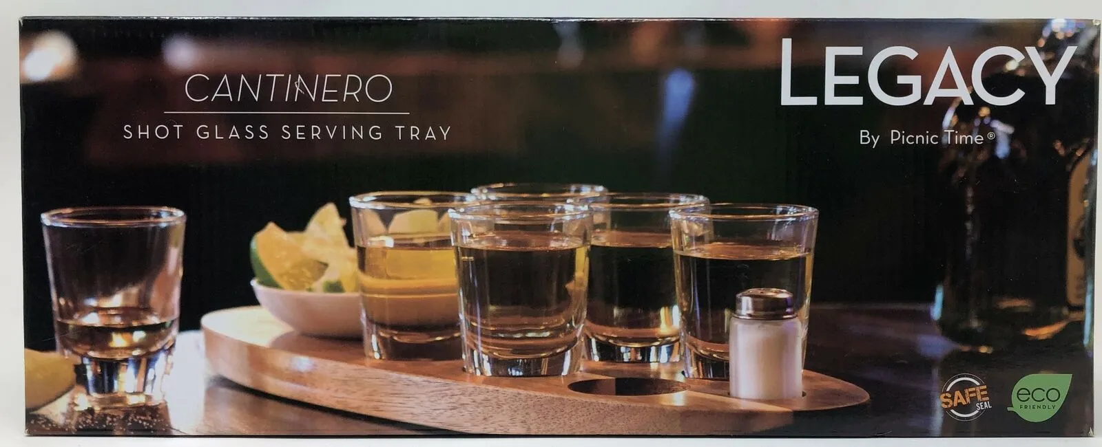 New in box Cantinero 6-Shot Glass Serving Set, beautiful acacia wood tray with designated carved indents for components, branded etching Manulife, Retails $100 