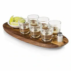 New in box Cantinero 6-Shot Glass Serving Set, beautiful acacia wood tray with designated carved indents for components, branded etching Manulife, Retails $100 