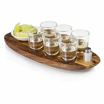 New in box Cantinero 6-Shot Glass Serving Set, beautiful acacia wood tray with designated carved indents for components, branded etching Manulife, Retails $100 